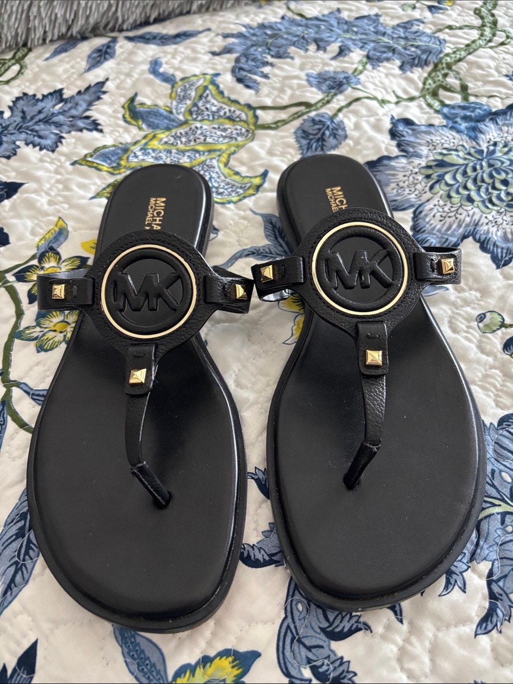 MICHAEL Michael Kors Black Sandal with Gold MK Logo Studs